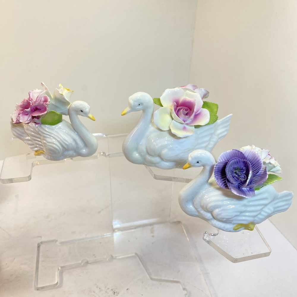 Vintage 3Pc Thorley Staffordshire English Bone China White Swan w/Flowers 2.25"